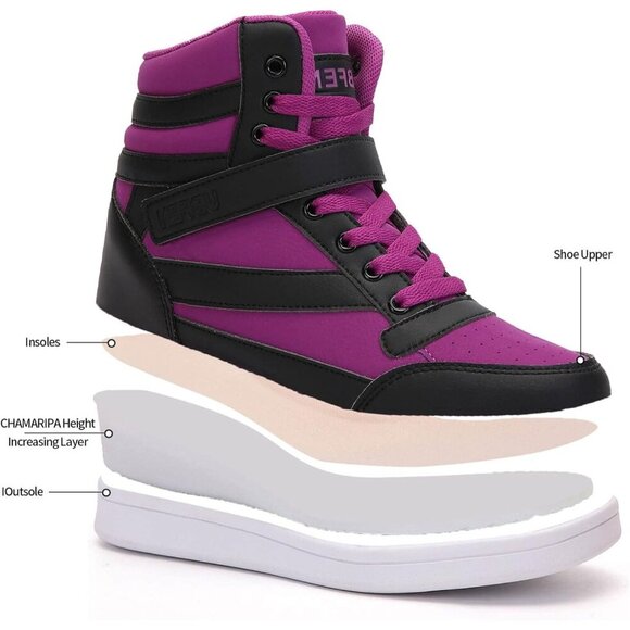🆕  Black Purple Women's Hidden Wedge Sneakers 5.5cm High Top Platform Booties - Picture 4 of 9
